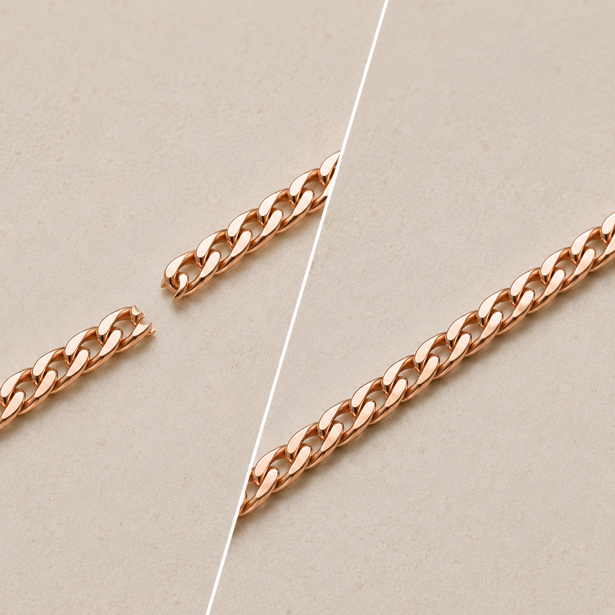 Before and after rose gold chain repair by INDIGO Jewelry Atelier showing a broken 14K rose gold chain and professionally restored seamless jewelry repair service