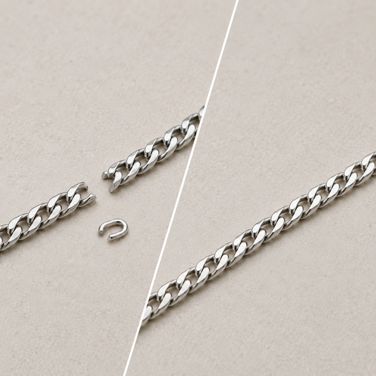 Silver chain repair before and after image by INDIGO Jewelry Atelier showing broken chain restoration, soldering repair and professional jewelry