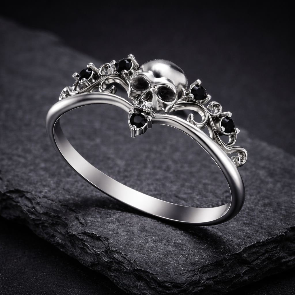 A silver ring with a skull design and black gemstones, placed on a dark surface.
