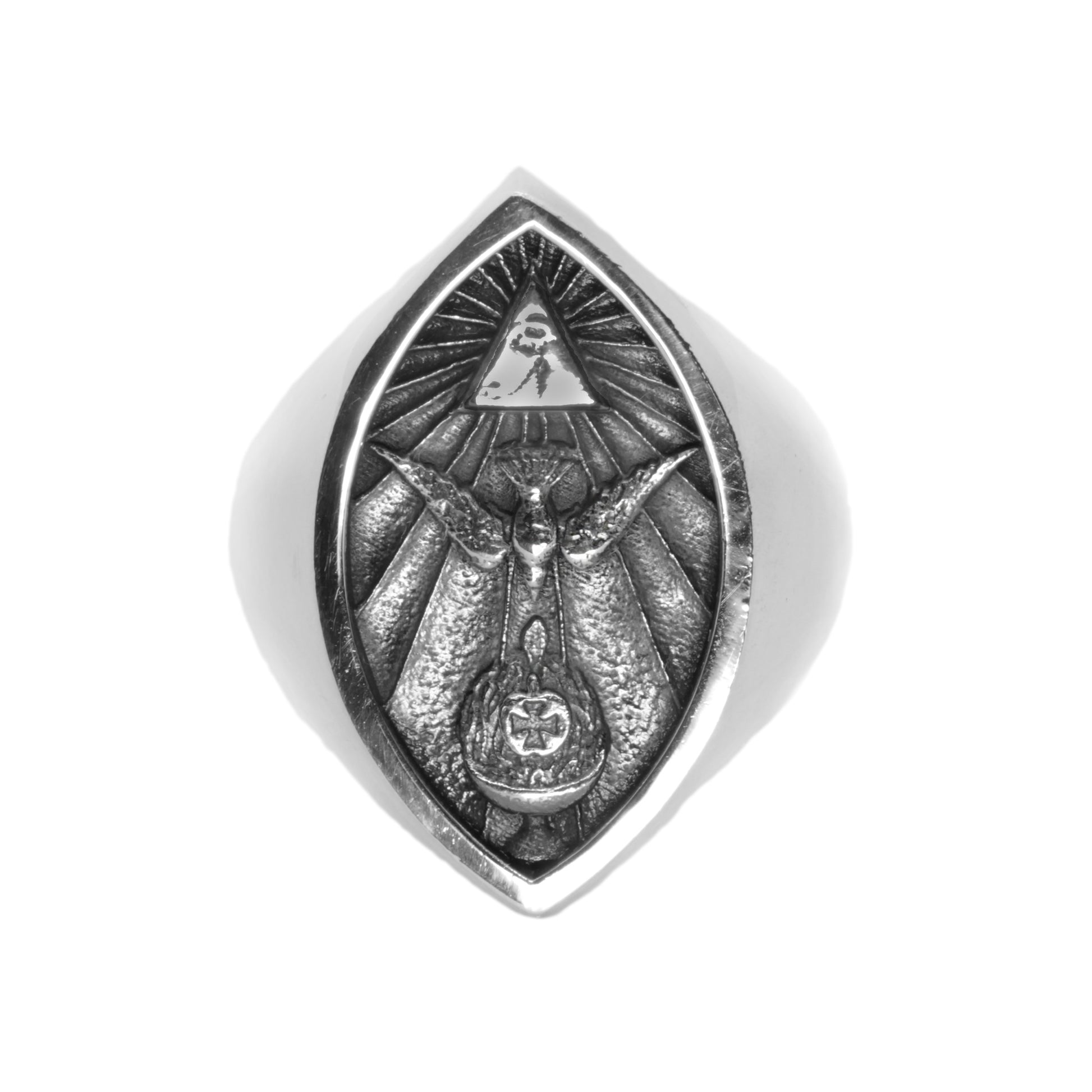 Sterling silver Thelema ring featuring the Eye of Horus, dove, and grail symbol. Esoteric occult signet ring inspired by mystical symbolism and sacred geometry. Handmade by Indigo Jewelry in oxidized silver, this piece embodies spiritual depth, ancient wisdom, and personal protection. Unique gothic and symbolic men's statement jewelry