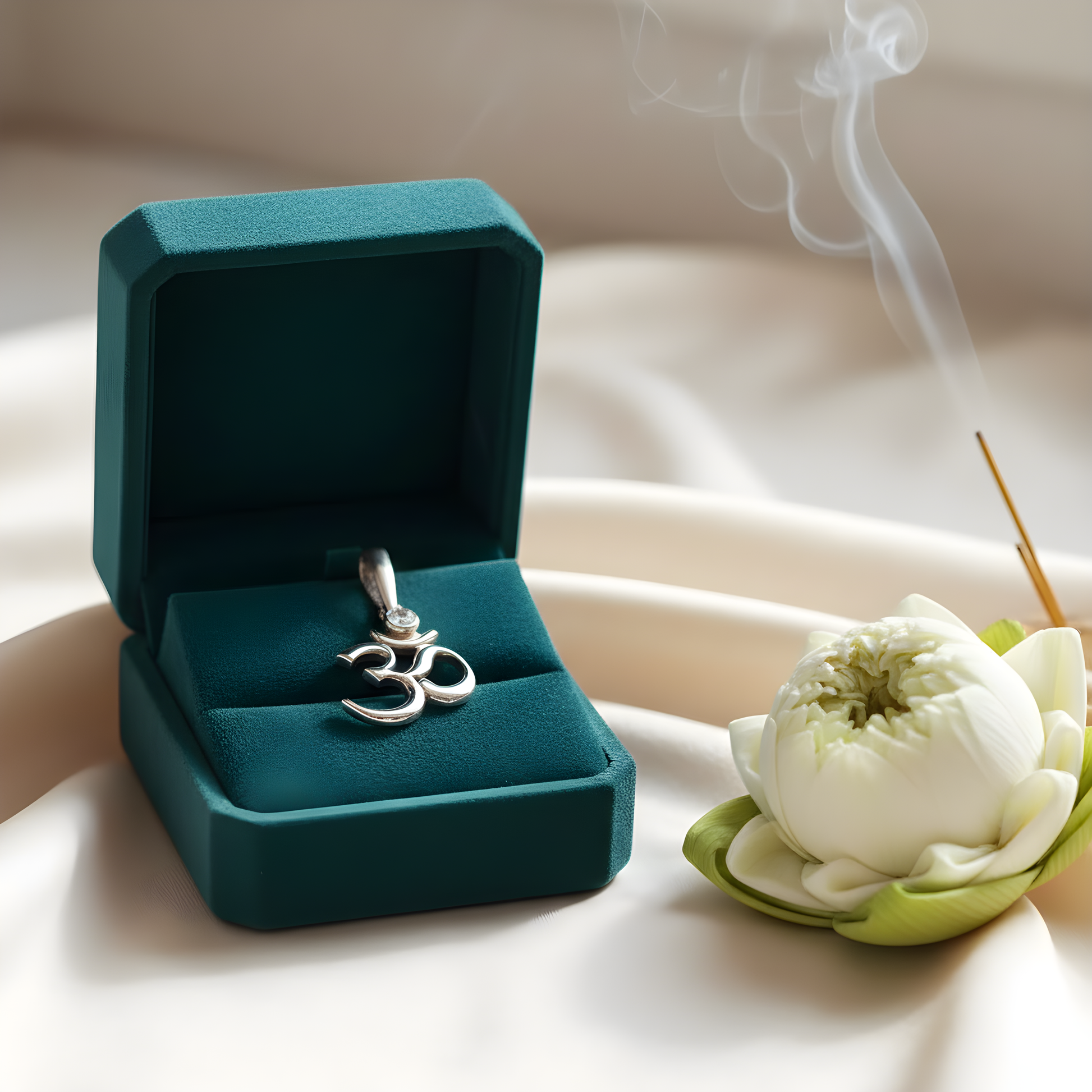 Sterling silver Om symbol pendant with white cubic zirconia, inspired by Hindu and Buddhist spirituality, minimalist design by Indigo Jewelry.