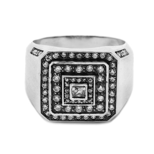 Chunky mens signet ring in sterling silver featuring a square black spinel and white zircon accents. This handmade signet ring combines bold style with timeless detail — a perfect gift for him, gift for boyfriend, or everyday piece of mens jewelry. Designed for confident men who appreciate classic signet shapes and modern materials. Ideal as a silver signet ring or a unique rings men accessory.