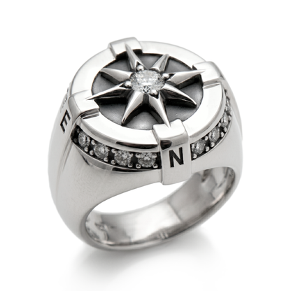 Compass ring for men in sterling silver with wind rose design by INDIGO Jewelry Atelier