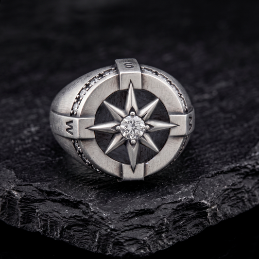 Wind rose sterling silver signet ring for men by INDIGO Jewelry Atelier