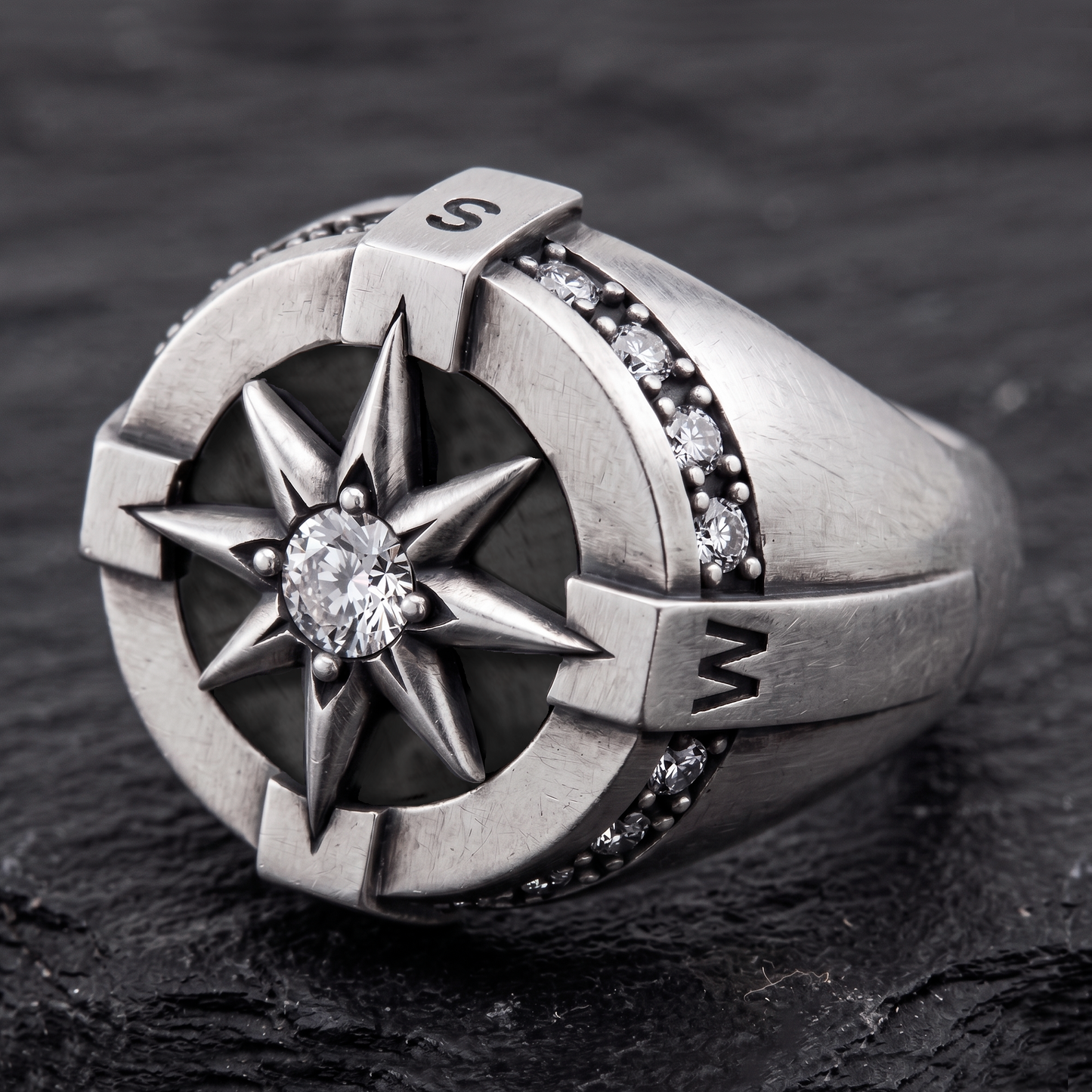 Mens compass signet ring in sterling silver with zircon stones by INDIGO Jewelry Atelier