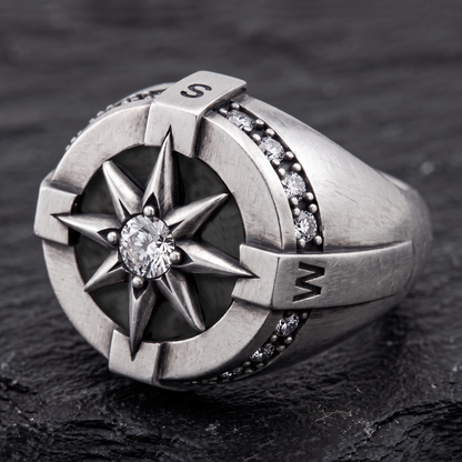 Mens compass signet ring in sterling silver with zircon stones by INDIGO Jewelry Atelier
