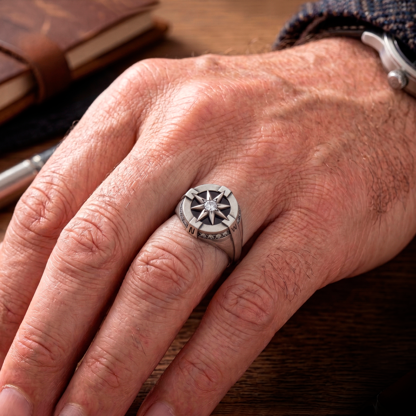 Compass signet ring for men worn on hand by INDIGO Jewelry Atelier