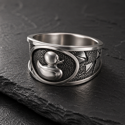 A silver ring with a detailed design featuring a duck and a fish.