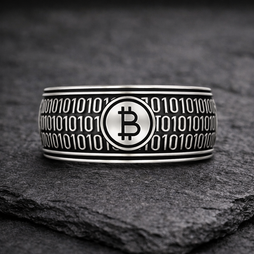 Sterling silver 925 bitcoin ring with blackened finish, wide band crypto ring featuring binary code and bitcoin symbol