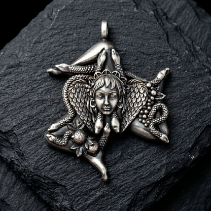 A silver-colored pendant featuring a detailed design of a woman's face surrounded by snakes and other fantastical elements. Trinacria Sicily Pendant Sterling Silver Necklace on Dark Stone Background - INDIGO Jewelry