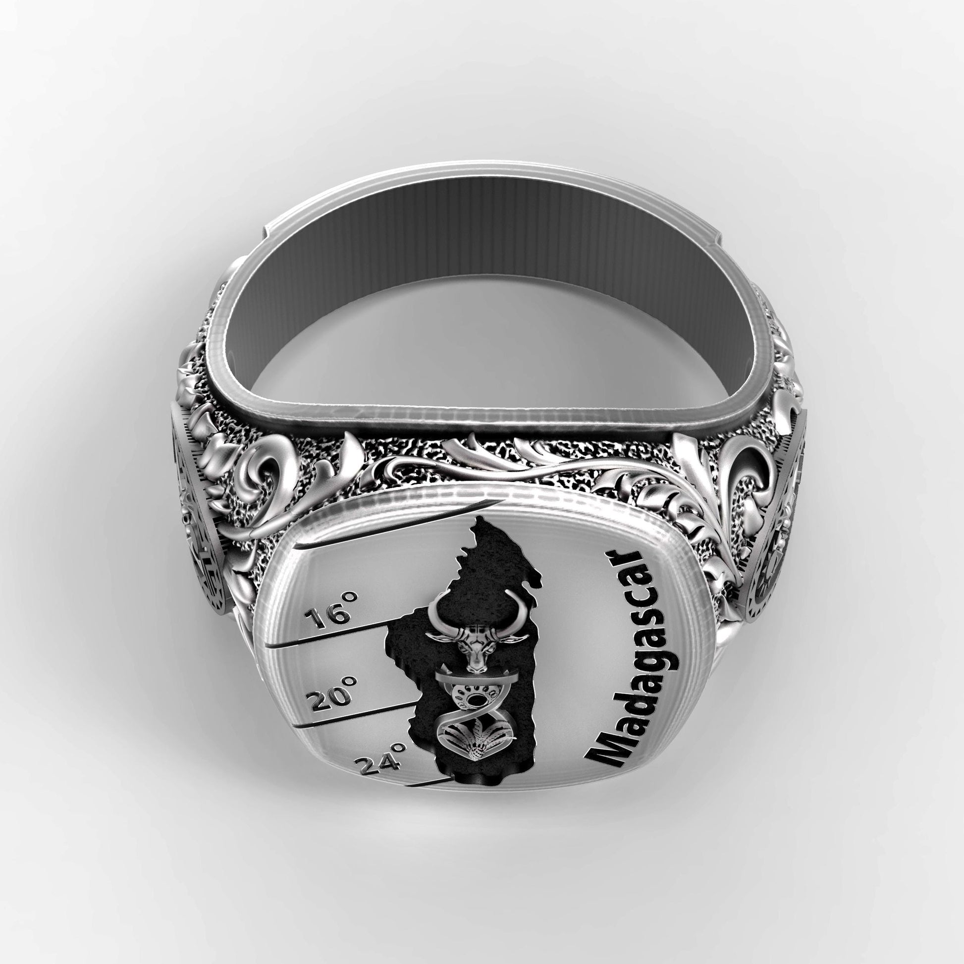 Madagascar silver signet ring with engraved island map, tribal symbols, zebu bull, palm and shield details. Handcrafted men’s jewelry in oxidized sterling silver 925, bold ethnic heritage design, unique symbolic statement ring, heavy masculine accessory, perfect gift for travelers, collectors, or lovers of African culture.