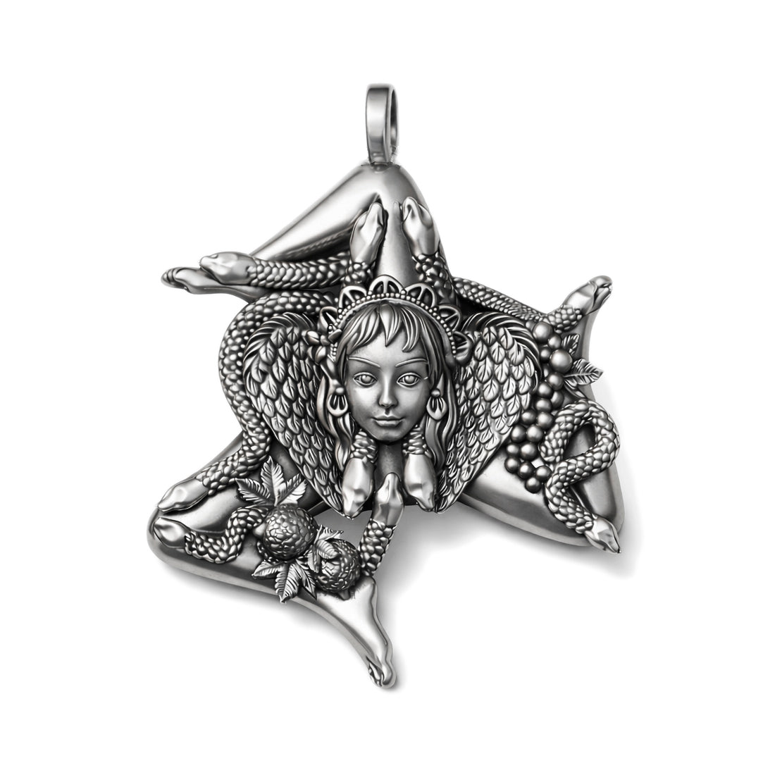 A detailed silver pendant featuring a stylized female figure with intricate designs and patterns surrounding her.