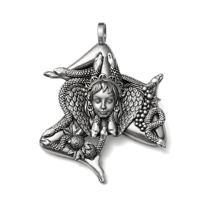 A detailed silver pendant featuring a stylized female figure with intricate designs and patterns surrounding her.