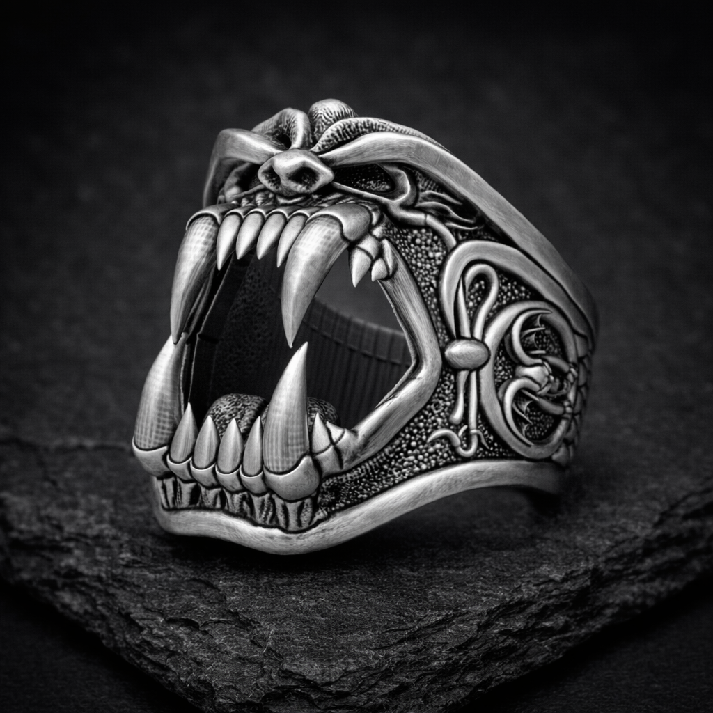 A close-up black and white image of a silver ring with an intricate, fierce-looking design featuring sharp teeth and claws.