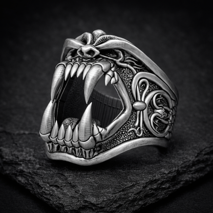 A close-up black and white image of a silver ring with an intricate, fierce-looking design featuring sharp teeth and claws.