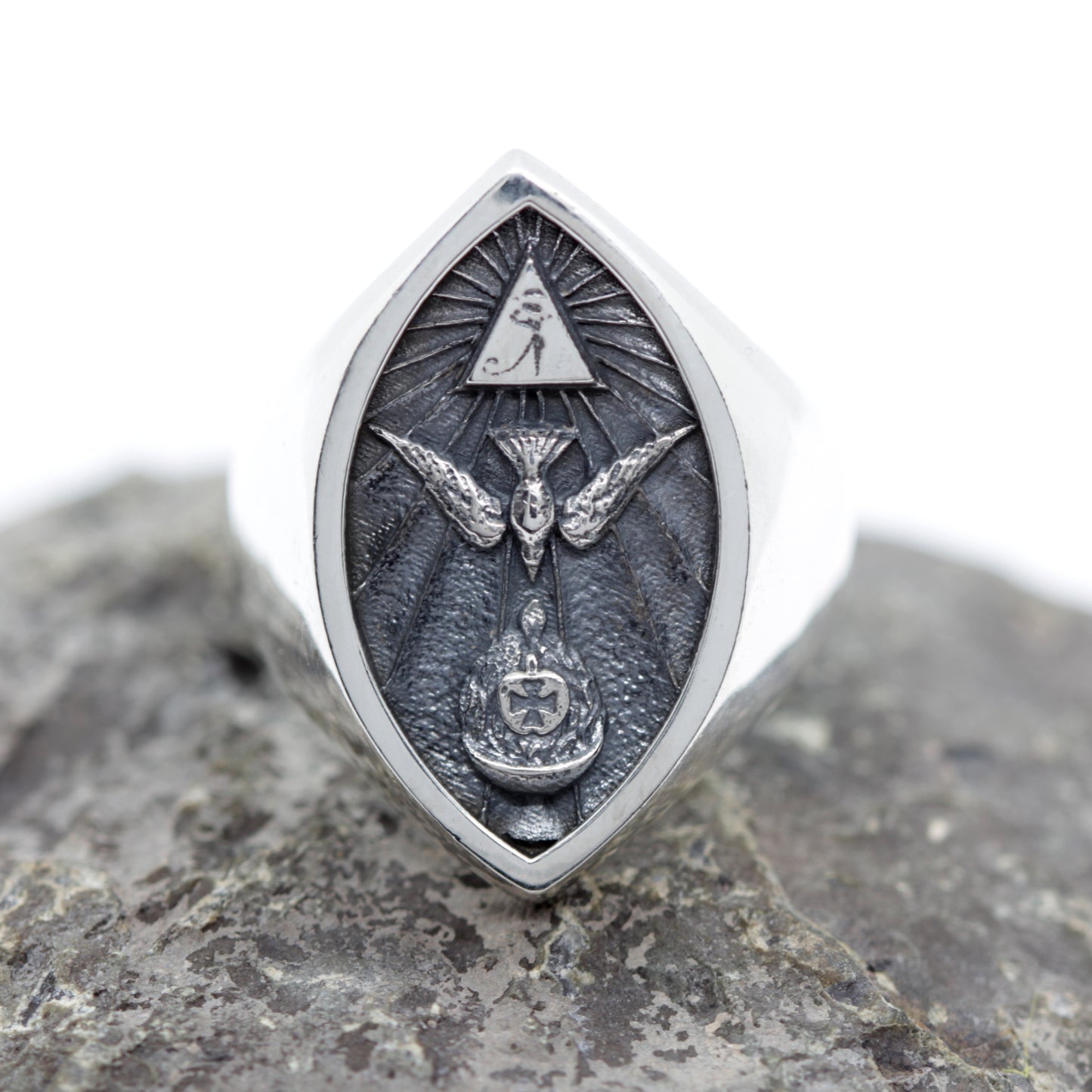 Sterling silver Thelema ring featuring the Eye of Horus, dove, and grail symbol. Esoteric occult signet ring inspired by mystical symbolism and sacred geometry. Handmade by Indigo Jewelry in oxidized silver, this piece embodies spiritual depth, ancient wisdom, and personal protection. Unique gothic and symbolic men's statement jewelry