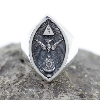 Sterling silver Thelema ring featuring the Eye of Horus, dove, and grail symbol. Esoteric occult signet ring inspired by mystical symbolism and sacred geometry. Handmade by Indigo Jewelry in oxidized silver, this piece embodies spiritual depth, ancient wisdom, and personal protection. Unique gothic and symbolic men's statement jewelry