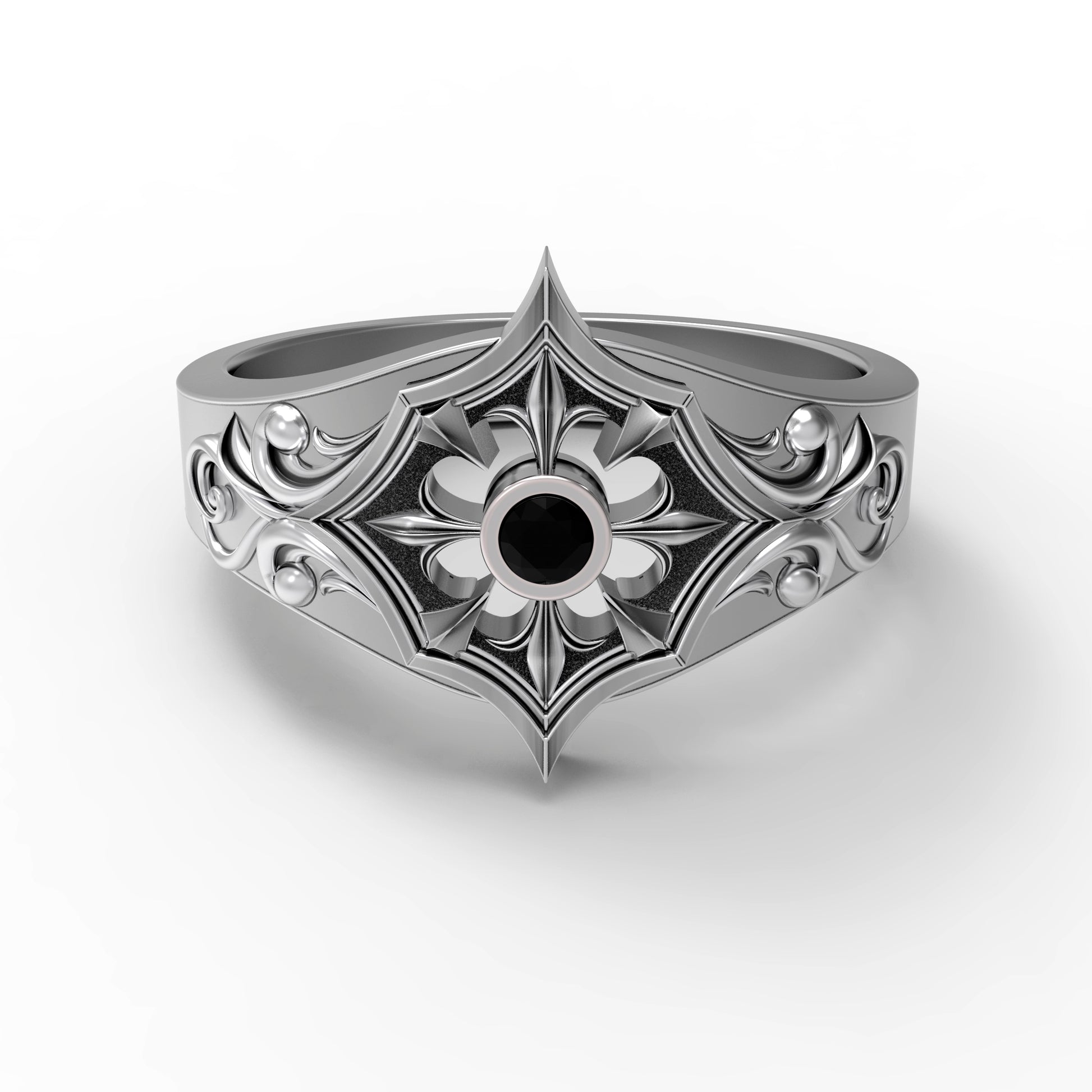 Gothic engagement ring for women made of oxidized 925 sterling silver with a round black zircon gemstone. Inspired by medieval, Viking, and knightcore aesthetics. Features floral scrollwork reminiscent of ancient armor. Ideal for gothic weddings, fantasy lovers, or alternative proposals. Handcrafted by INDIGO Jewelry for symbolic unions and meaningful expressions of devotion.