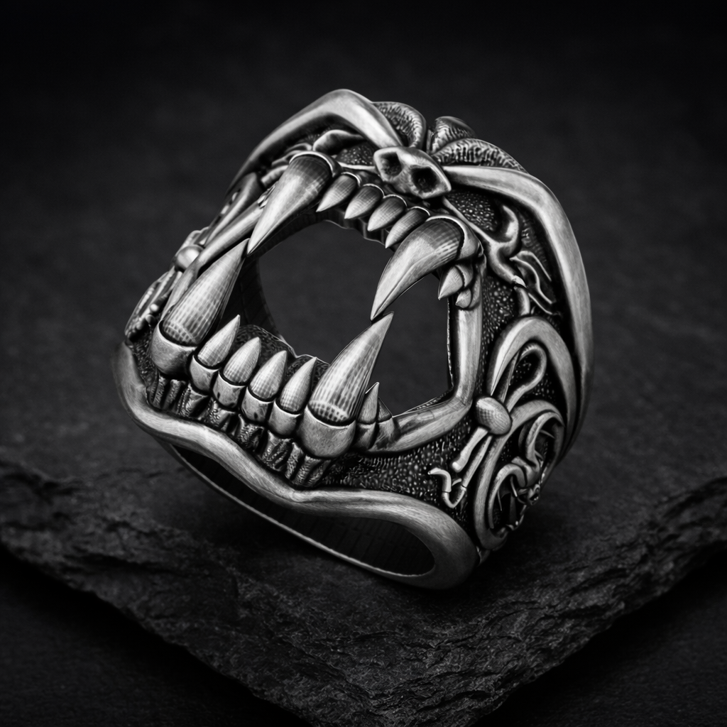 A close-up black and white image of a ring with a fierce, menacing creature design, such as a lion or tiger, with sharp teeth and claws.