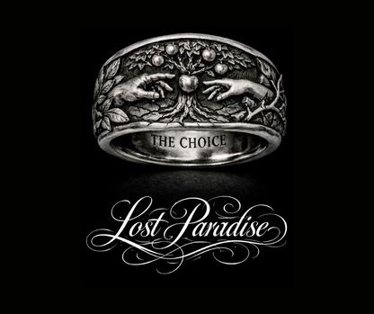a ring with a tree design and the word "THE CHOICE" engraved on it, set against a black background with the phrase "Lost Paradise" written below.