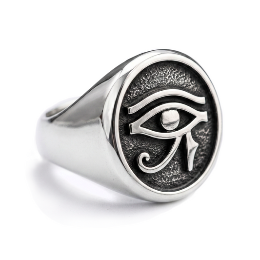 INDIGO Jewelry Atelier eye of horus sterling silver signet ring, handcrafted egyptian mens ring in oxidized 925 silver