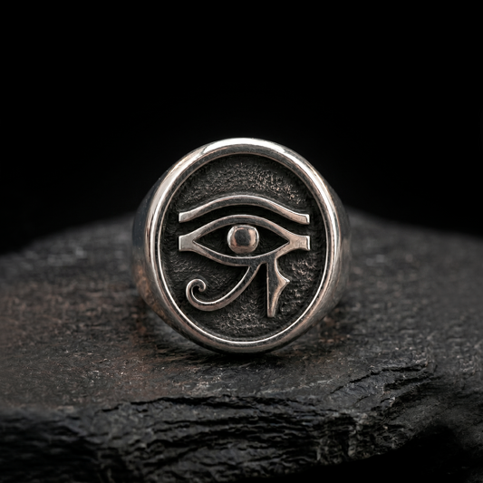 INDIGO Jewelry Atelier eye of horus sterling silver signet ring on dark background, ancient egyptian protection symbol ring