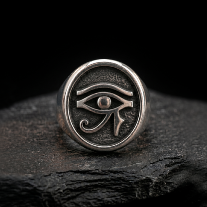 INDIGO Jewelry Atelier eye of horus sterling silver signet ring on dark background, ancient egyptian protection symbol ring