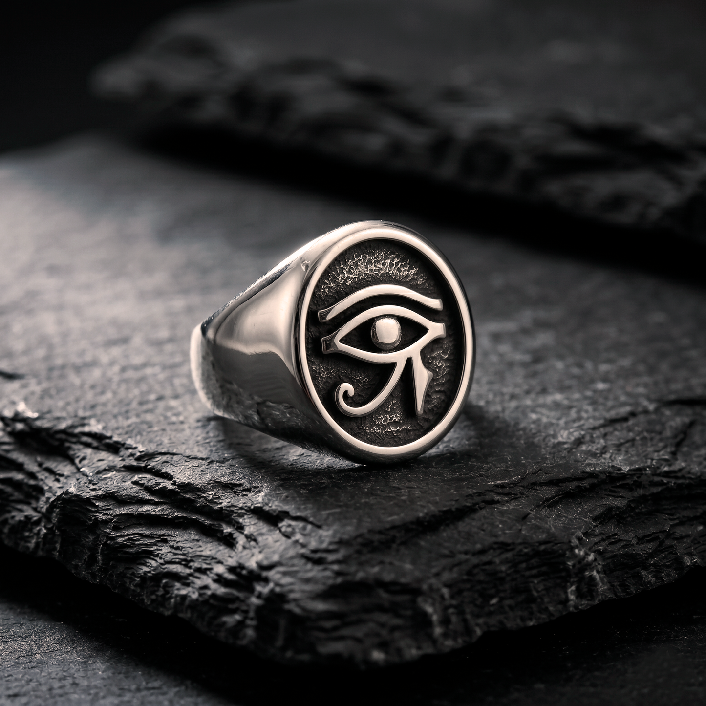 INDIGO Jewelry Atelier handcrafted eye of horus silver signet ring, oxidized 925 sterling silver egyptian ring