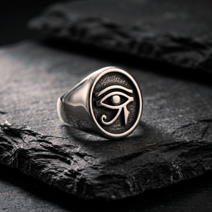 INDIGO Jewelry Atelier handcrafted eye of horus silver signet ring, oxidized 925 sterling silver egyptian ring