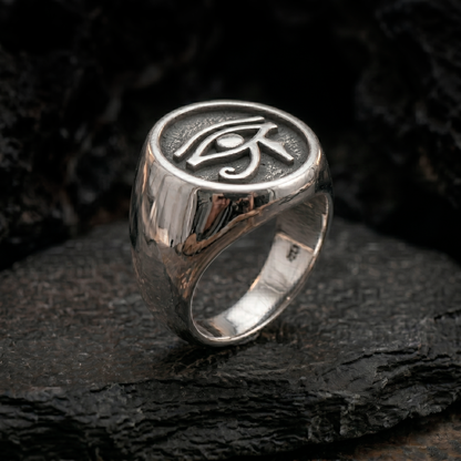 INDIGO Jewelry Atelier eye of horus signet ring side view, sterling silver egyptian symbolic jewelry