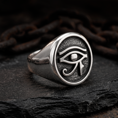 INDIGO Jewelry Atelier close up eye of horus sterling silver signet ring, textured oxidized finish