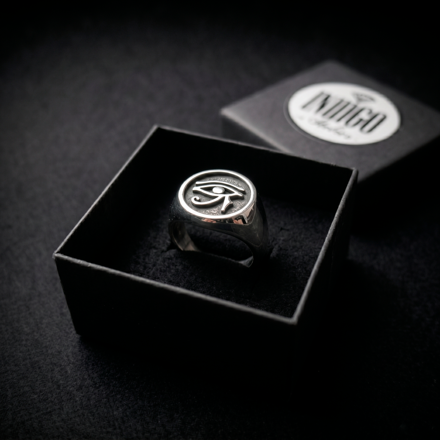 INDIGO Jewelry Atelier eye of horus sterling silver signet ring in luxury jewelry gift box