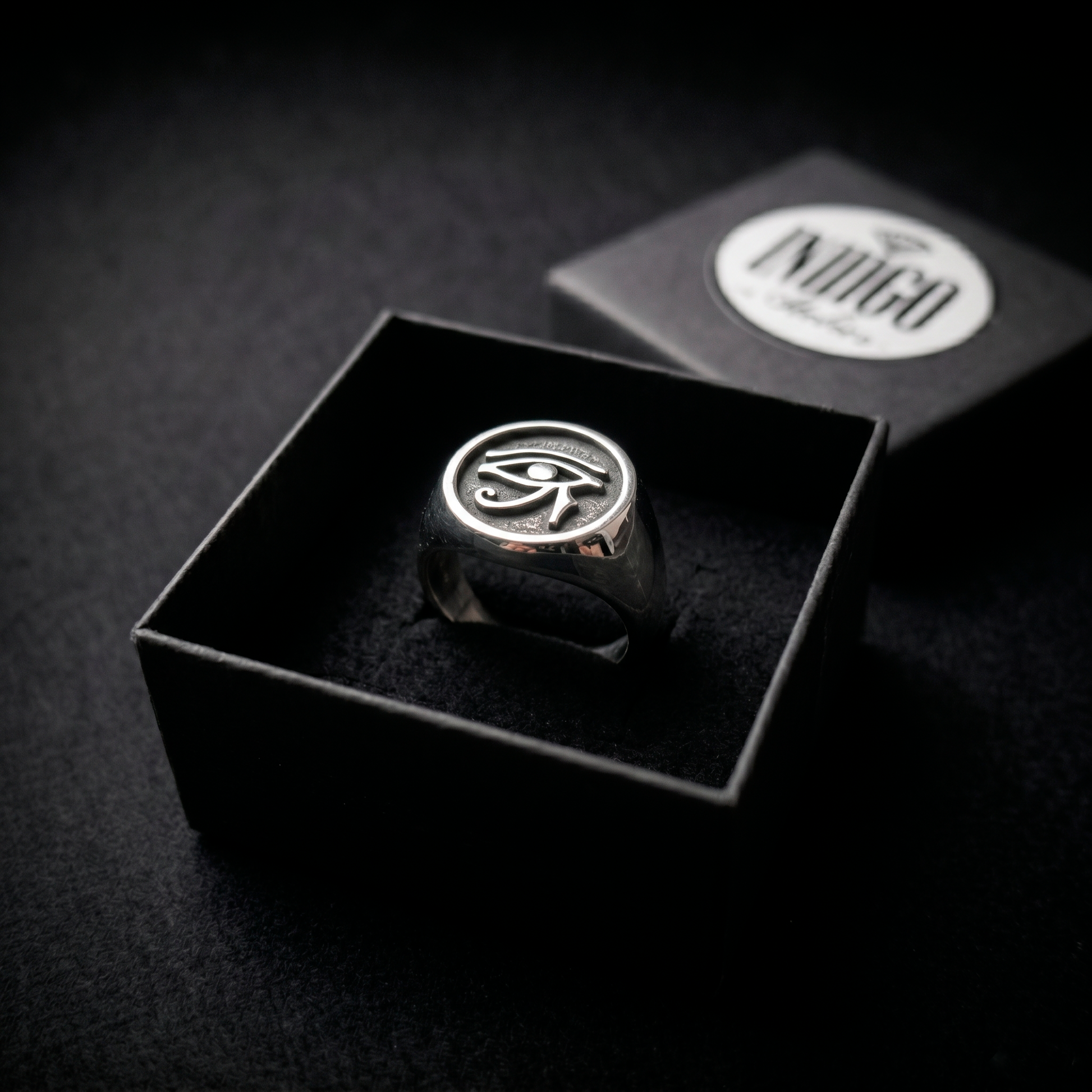 INDIGO Jewelry Atelier eye of horus sterling silver signet ring in luxury jewelry gift box