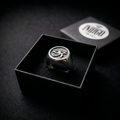 INDIGO Jewelry Atelier eye of horus sterling silver signet ring in luxury jewelry gift box