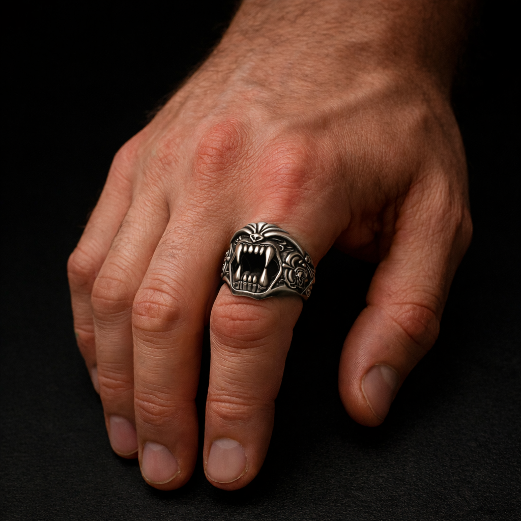 A close-up of a hand wearing a ring with a fierce-looking creature design.