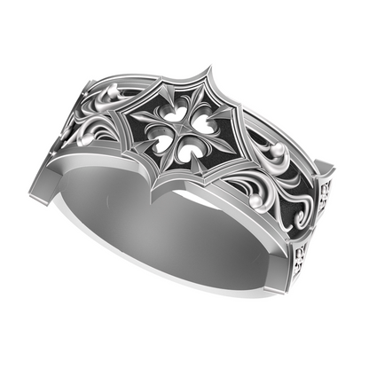 Men’s gothic wedding band handcrafted in oxidized 925 sterling silver. Features a pointed floral motif with intricate medieval scrollwork. Designed in a bold knight-inspired style, this ring is ideal for engagements, weddings, or symbolic unions. A perfect match to the women’s gothic ring by INDIGO Jewelry, for couples who embrace strength, honor, and dark romantic aesthetics.