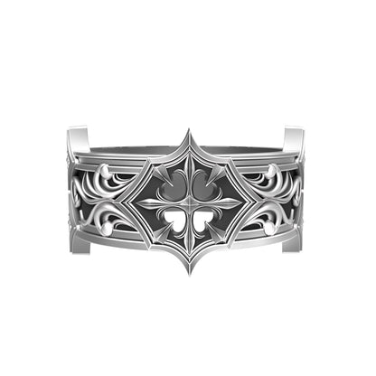 Men’s gothic wedding band handcrafted in oxidized 925 sterling silver. Features a pointed floral motif with intricate medieval scrollwork. Designed in a bold knight-inspired style, this ring is ideal for engagements, weddings, or symbolic unions. A perfect match to the women’s gothic ring by INDIGO Jewelry, for couples who embrace strength, honor, and dark romantic aesthetics.