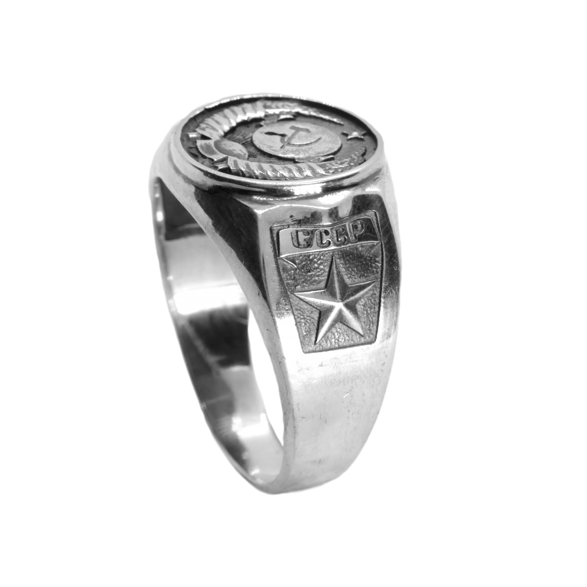 The State Emblem of the USSR, Emblem of the Soviet Union, Sterling Silver Ring. Coat of arms of the Soviet Union" Big sterling silver signet with round top. This design was fixed in the 1924 Soviet Constitution: "The State Emblem of the USSR is composed of a sickle and a hammer on a globe depicted in the rays of the sun and framed by ears of wheat, with the inscription "proletarians of the world, unite!".