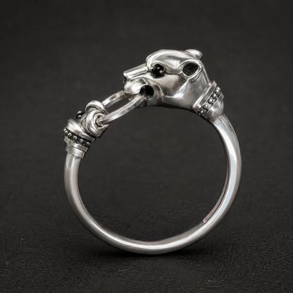 Side view of sterling silver panther head ring with black stones, animal jewelry by Indigo Jewelry