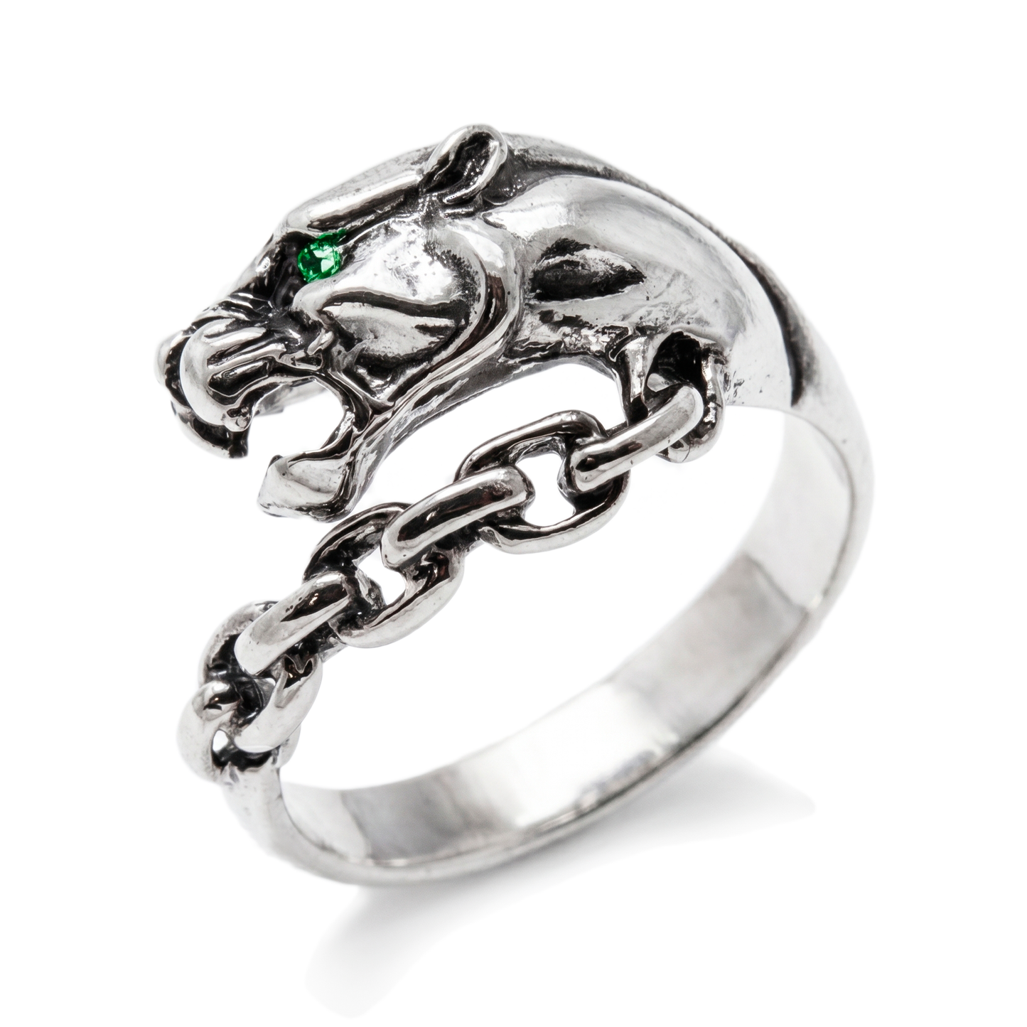 A silver ring with a silver lion's head design and a chain-link chain attached to it.