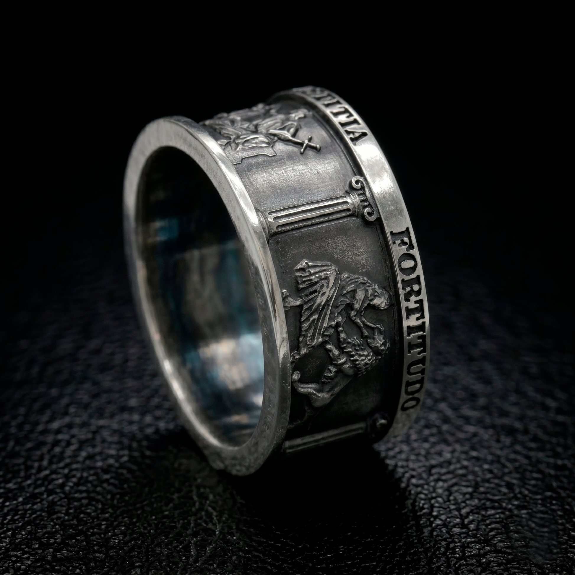 Side View of the Four Cardinal Virtues Sterling Silver Signet Ring with Stoic Symbols
