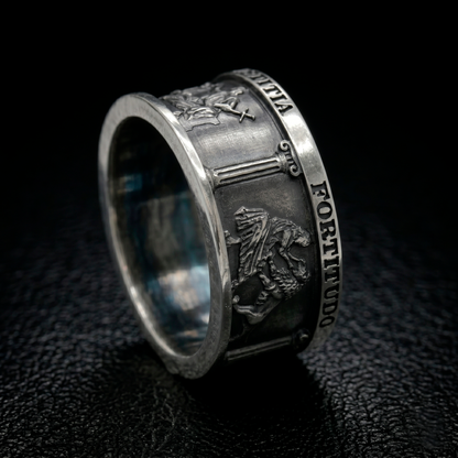 Side View of the Four Cardinal Virtues Sterling Silver Signet Ring with Stoic Symbols