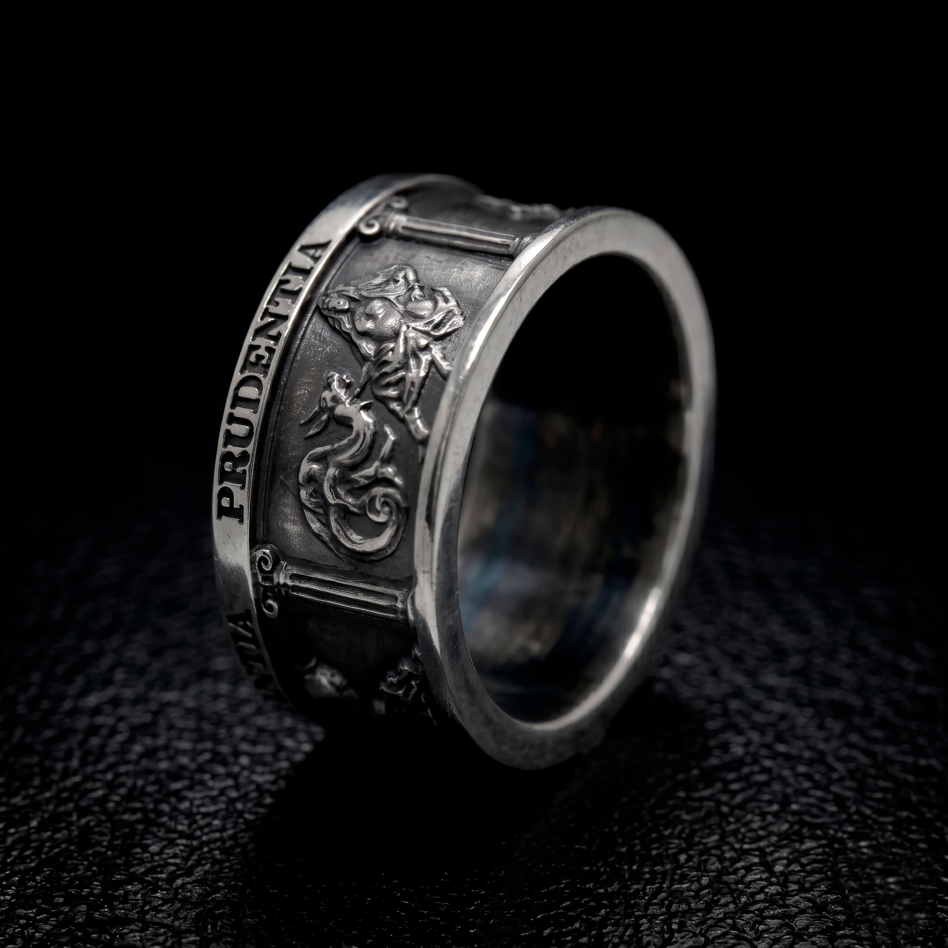 Side View of the Four Cardinal Virtues Sterling Silver Signet Ring with Stoic Symbol - Prudentia 