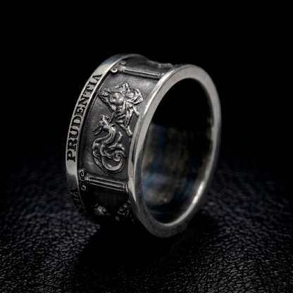 Side View of the Four Cardinal Virtues Sterling Silver Signet Ring with Stoic Symbol - Prudentia 