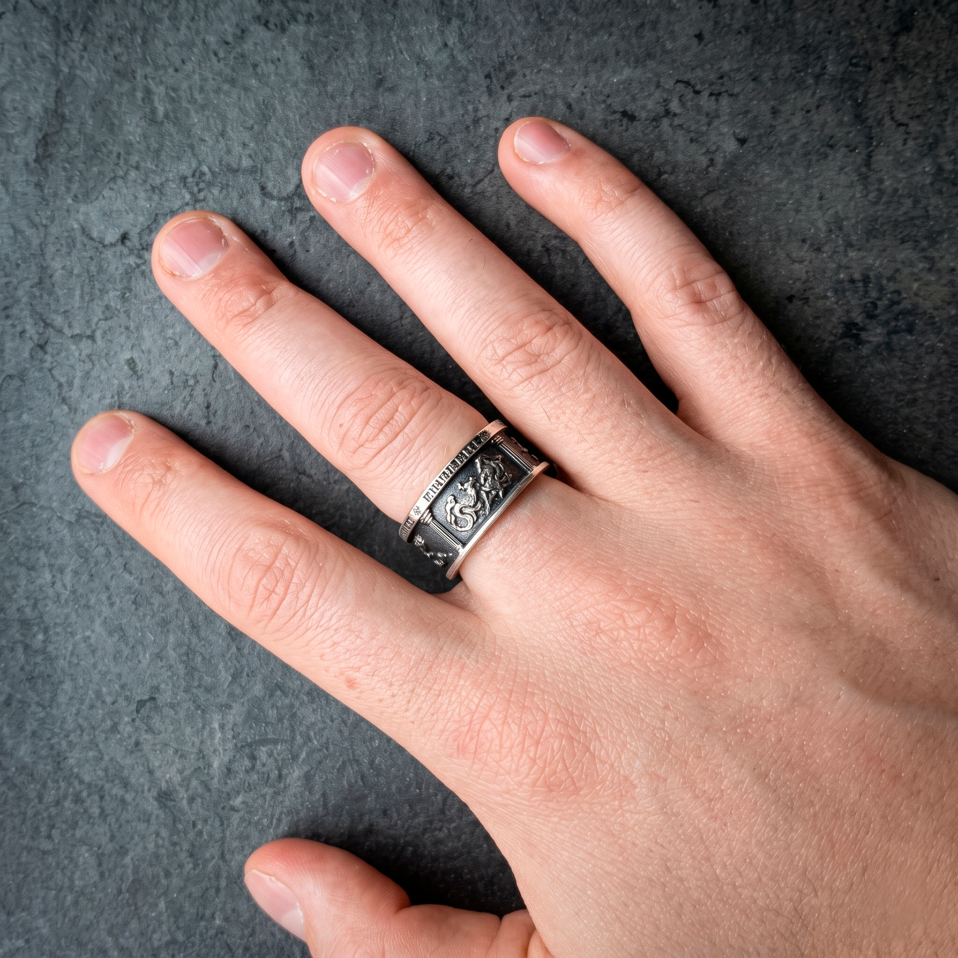 Four Cardinal Virtues Ring on men`s Hand in Sterling Silver – Stoic Philosophy Signet Ring by INDIGO Jewelry