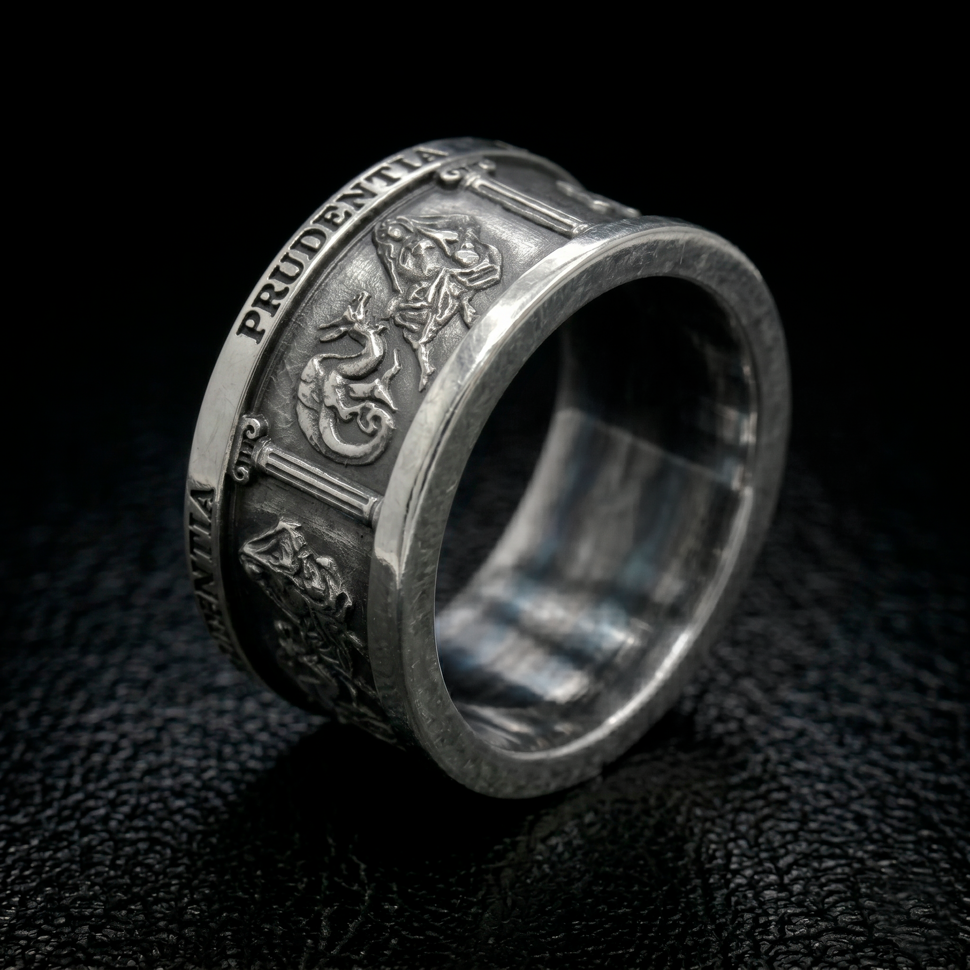 Interior Engraving of the Four Cardinal Virtues Stoic Sterling Silver Ring