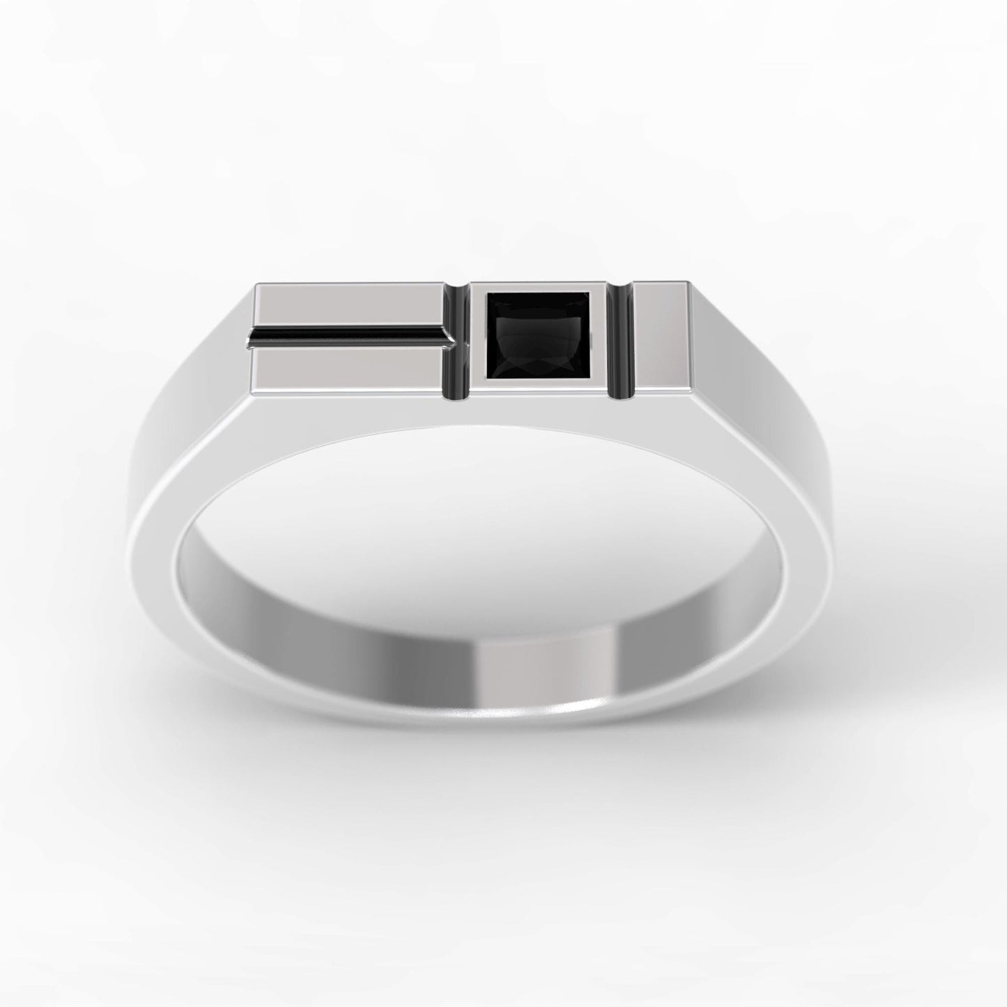 Minimalist men's signet ring crafted from sterling silver, featuring a rectangular design set with a bold black zirconia stone. This modern pinky ring is perfect as a personalized or initial ring for men, combining contemporary style with timeless elegance. Ideal gift for him, this custom ring works as a geometric signet ring, available in silver or gold finish. Clean lines and handcrafted detail make it suitable for everyday wear.