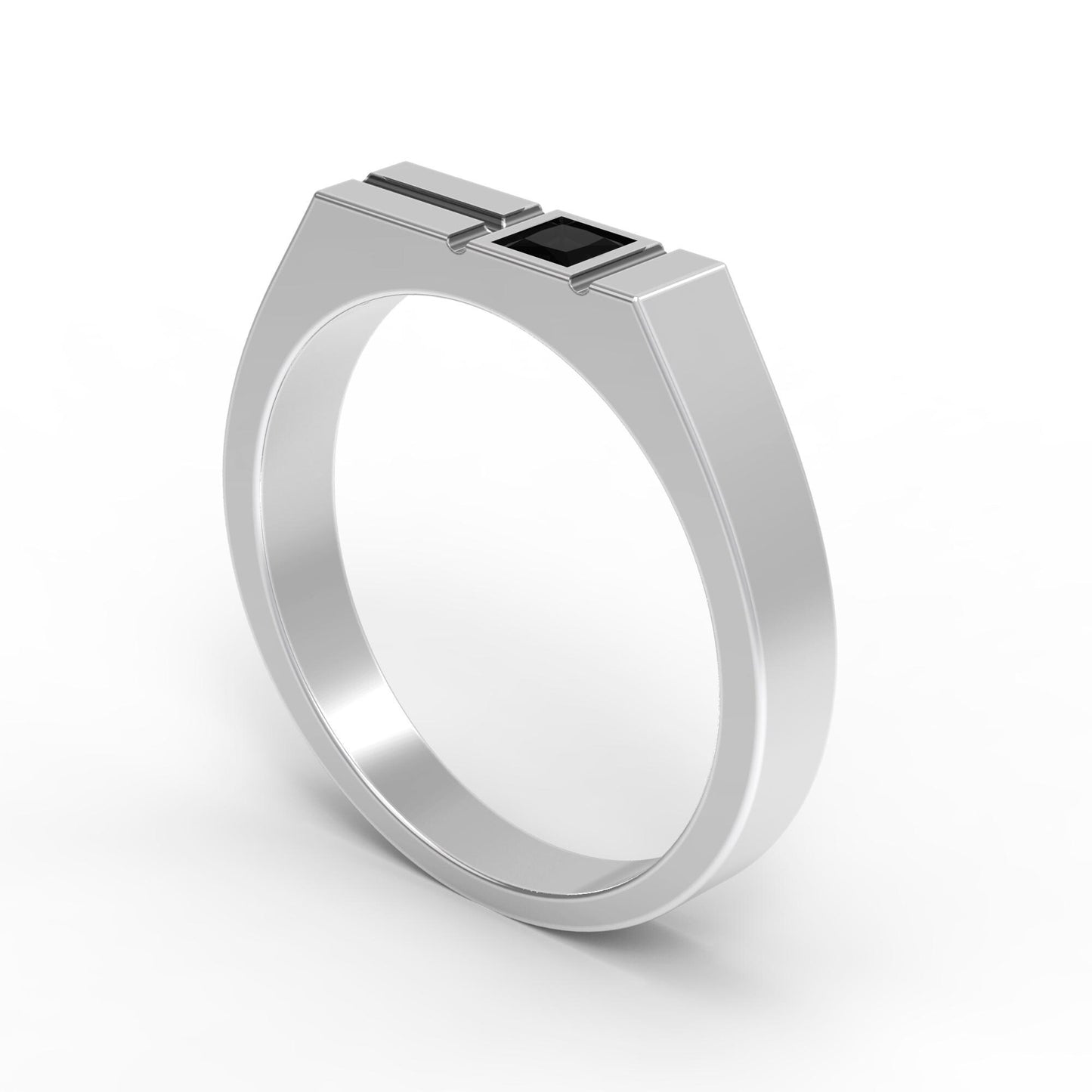 Minimalist men's signet ring crafted from sterling silver, featuring a rectangular design set with a bold black zirconia stone. This modern pinky ring is perfect as a personalized or initial ring for men, combining contemporary style with timeless elegance. Ideal gift for him, this custom ring works as a geometric signet ring, available in silver or gold finish. Clean lines and handcrafted detail make it suitable for everyday wear.
