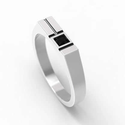 Minimalist men's signet ring crafted from sterling silver, featuring a rectangular design set with a bold black zirconia stone. This modern pinky ring is perfect as a personalized or initial ring for men, combining contemporary style with timeless elegance. Ideal gift for him, this custom ring works as a geometric signet ring, available in silver or gold finish. Clean lines and handcrafted detail make it suitable for everyday wear.