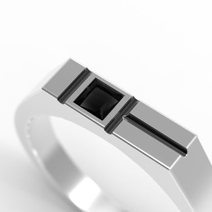 Minimalist men's signet ring crafted from sterling silver, featuring a rectangular design set with a bold black zirconia stone. This modern pinky ring is perfect as a personalized or initial ring for men, combining contemporary style with timeless elegance. Ideal gift for him, this custom ring works as a geometric signet ring, available in silver or gold finish. Clean lines and handcrafted detail make it suitable for everyday wear.